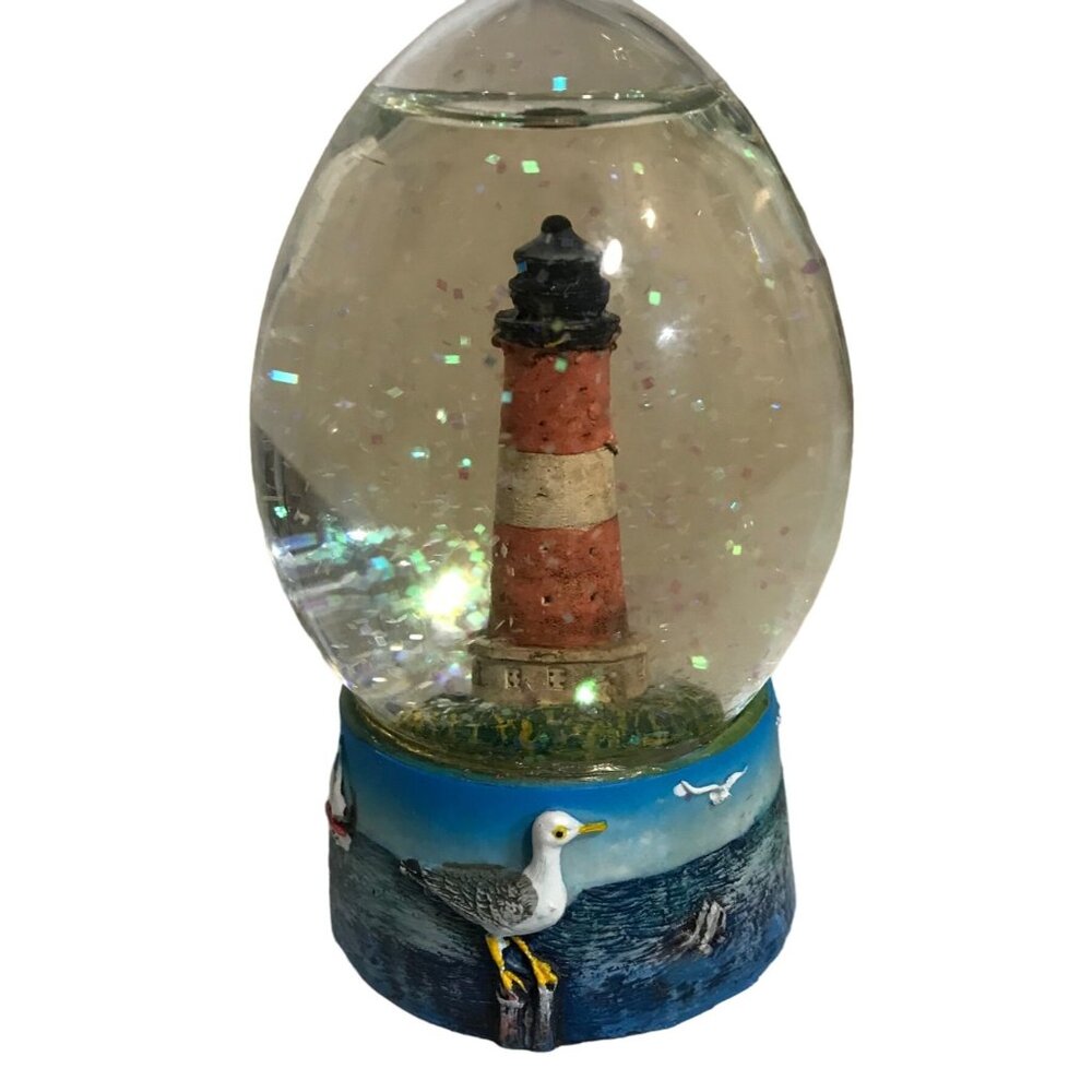 Lighthouse Snow Globe Red White With Blue Base Seagull & Sailboat Scene Nautical